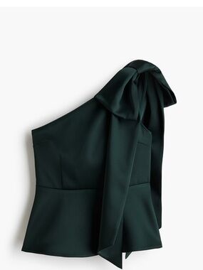 BN H&M One-Shoulder Dark Emerald Bow-Detail Crop Top